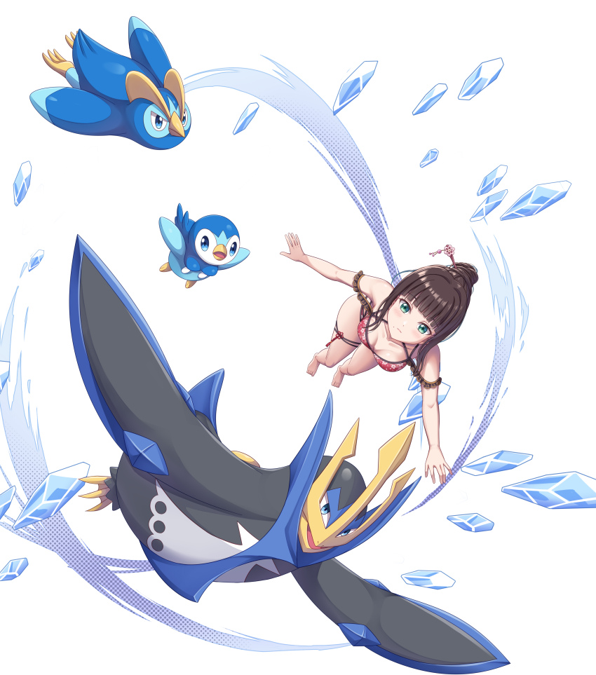 1girl absurdres bikini black_hair blue_eyes breasts cleavage collarbone commentary_request empoleon gen_4_pokemon green_eyes hair_bun highres ice kurosawa_dia looking_at_viewer love_live! love_live!_sunshine!! medium_breasts nintendo piplup pokemon pokemon_(creature) prinplup swimsuit tsukimi_seiya white_background