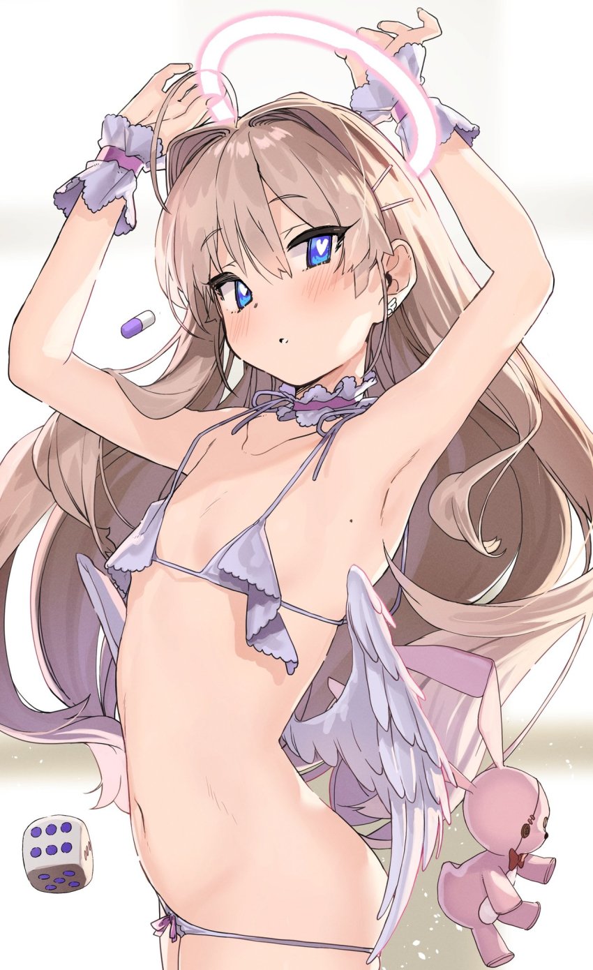 1girl ahoge angel_wings armpits bikini blush brown_hair copyright_request cuffs earrings female_focus flat_chest hair_ornament hairclip halo heart heart-shaped_pupils highres jewelry kanzarin long_hair looking_at_viewer micro_bikini pill simple_background solo swimsuit symbol-shaped_pupils white_bikini wing_earrings wings