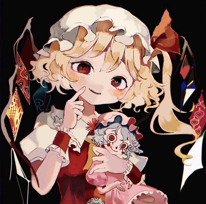 1girl ascot black_background blonde_hair blush bow character_doll comkdom crystal_wings doll dress fang fingersmile flandre_scarlet frilled_cuffs frilled_shirt_collar frills hat hat_bow heart heart-shaped_pupils highres holding holding_doll lace-trimmed_vest light_smile looking_at_viewer mob_cap one_side_up parted_lips pink_dress pink_hat puffy_short_sleeves puffy_sleeves red_bow red_eyes red_vest remilia_scarlet ribbon-trimmed_collar ribbon_trim shirt short_sleeves solo symbol-shaped_pupils touhou upper_body vest white_hat wings wrist_cuffs yellow_ascot