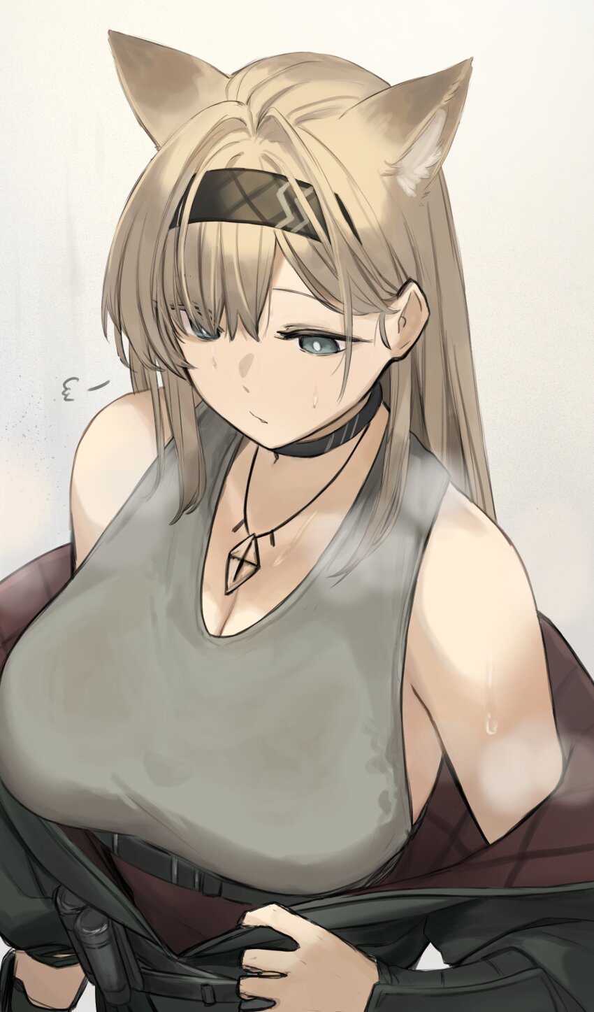 1girl absurdres animal_ears arknights bare_shoulders belt black_choker black_hairband blonde_hair blue_eyes breasts choker ganesagi hairband heat_haze highres horn_(arknights) jacket jewelry large_breasts long_hair looking_down necklace solo sweat tank_top very_long_hair wolf_ears wolf_girl