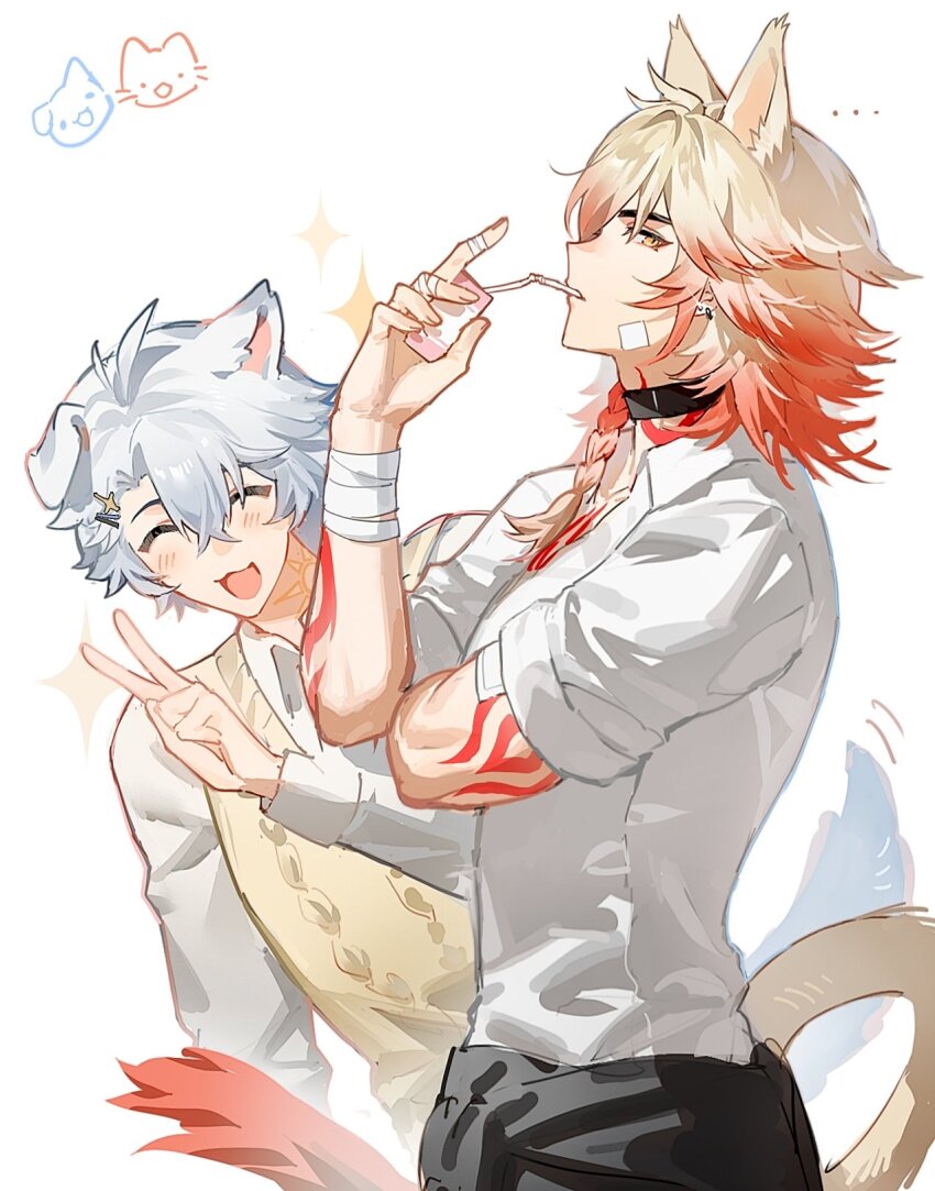 2boys animal_ears arm_tattoo bandaged_arm bandaged_hand bandages bandaid bandaid_on_face black_pants blonde_hair blue_eyes blush brown_vest chest_tattoo choker closed_eyes collared_shirt dog_ears dog_tail drinking_straw drinking_straw_in_mouth ear_piercing extra_ears from_side glint gradient_hair happy highres honkai:_star_rail honkai_(series) looking_at_viewer male_focus multicolored_hair multiple_boys mydei_(honkai:_star_rail) orange_eyes pants phainon_(honkai:_star_rail) piercing red_hair red_tattoo school_uniform shirt smile sparkle strawberry_milk suirandanshihao tail tattoo v vest white_background white_shirt