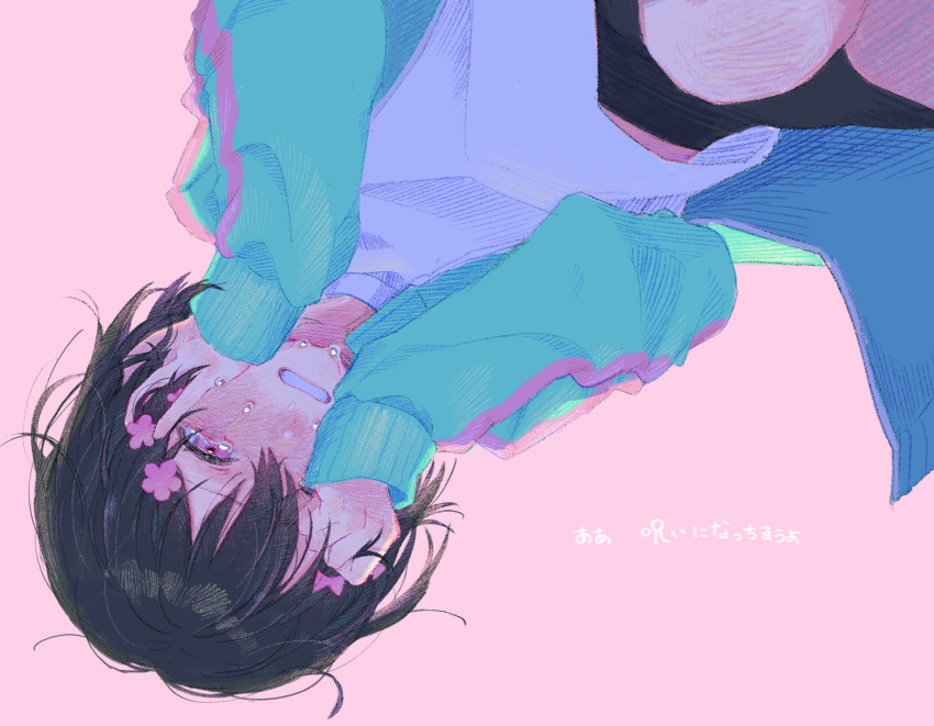 1girl aqua_jacket black_hair black_shorts bow cevio closed_mouth crying flower hair_bow hair_flower hair_ornament hairpin hands_on_own_face highres iyowa_girls jacket kurari-chan_(iyowa) kyu-kurarin_(cevio) looking_at_viewer multiple_hairpins one_eye_closed open_clothes open_jacket pink_background pink_bow pink_eyes pink_flower pink_trim shirt short_hair shorts simple_background solo tears teeth translation_request upside-down ushitaberu white_shirt