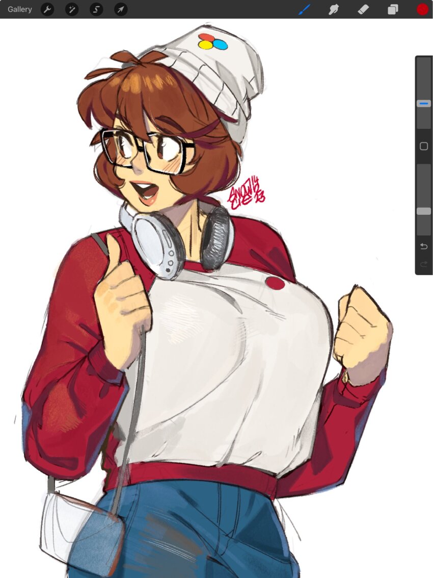 1girl art_program_in_frame artist_name bag beanie blue_pants blush breasts brown_eyes brown_hair clenched_hand denim glasses handbag hat highres jeans large_breasts long_sleeves open_mouth original pants red_sweater short_hair smile snowcie snowciel_(snowcie) solo sweater two-tone_sweater white_background white_hat white_sweater