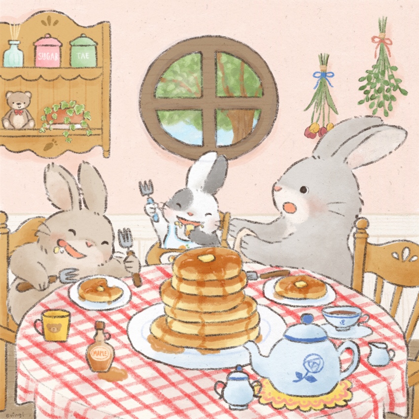 absurdres animal_focus baby bib butter closed_eyes cup dining_room eating eving food fork highres holding holding_fork maple_syrup napkin no_humans open_mouth original pancake pancake_stack plate rabbit round_window granulated_sugar tablecloth teacup teapot window