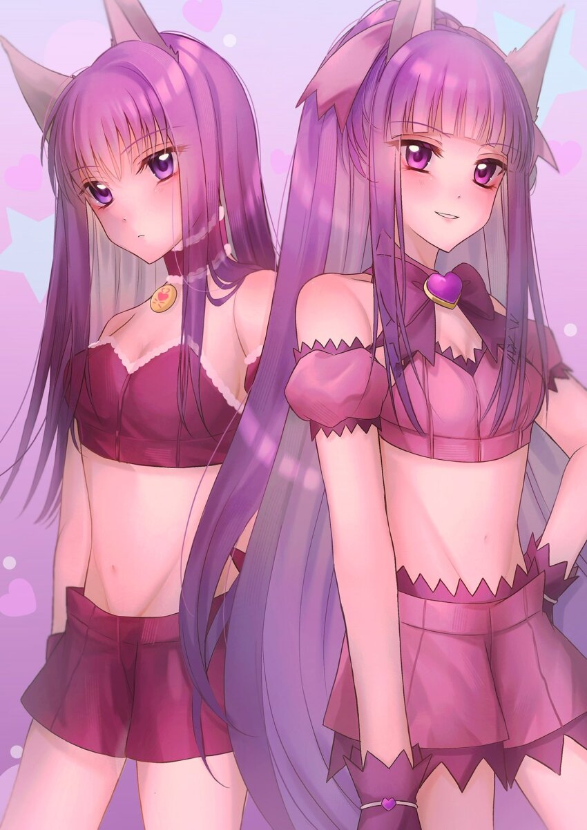 2girls animal_ears bandeau bare_shoulders blush bow breasts choker cleavage closed_mouth collarbone fujiwara_zakuro gloves highres long_hair looking_at_viewer medium_breasts mew_zakuro multiple_girls navel parted_lips purple_bandeau purple_bow purple_choker purple_eyes purple_hair purple_shorts purple_tube_top shorts smile stomach strapless tokyo_mew_mew tube_top wolf_ears wolf_girl yanluicarolchi1