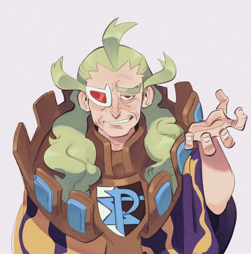 1boy ahoge commentary ghetsis_(pokemon) green_hair grin hand_up highres logo long_hair looking_at_viewer lynn_(daisiloou) male_focus nintendo pokemon pokemon_bw red_eyes simple_background smile solo team_plasma teeth upper_body white-framed_eyewear white_background wrinkled_skin