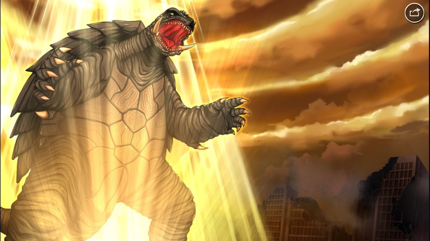 absorbing artist_request building city claws cloud cloudy_sky cross_promotion crossover daiei_film debris destruction dust energy gamera gamera_(series) gamera_2:_attack_of_legion gamera_3:_revenge_of_iris glowing green_eyes kadokawa kaiju mana_(mythology) no_humans official_art open_mouth plasma promotional_art roaring rubble senki_zesshou_symphogear sharp_teeth sky skyscraper smoke tail teeth tongue turtle turtle_shell tusks ultimate_plasma