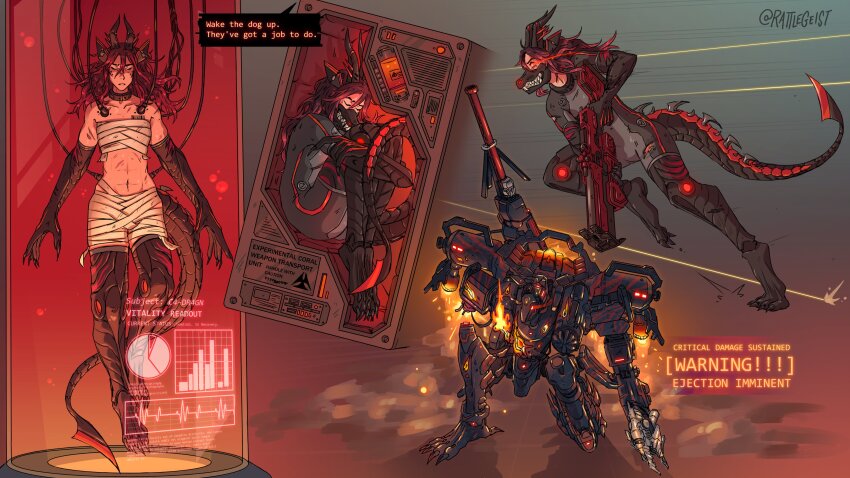 1girl absurdres armored_core armored_core_vi:_fires_of_rubicon bar_chart brown_background budget_sarashi chest_sarashi claws closed_eyes collar commentary commission dragon_girl dragon_horns dragon_tail english_commentary english_text explosion graph grey_background grin harpoon highres holding_harpoon hologram horns laser long_hair lorem_ipsum lying mecha mechanical_arms mechanical_legs mechanical_tail metal_collar midriff multiple_views muzzle_(mask) navel on_side original pie_chart rattlegeist red_background red_hair robot sarashi sharp_teeth smile tail teeth