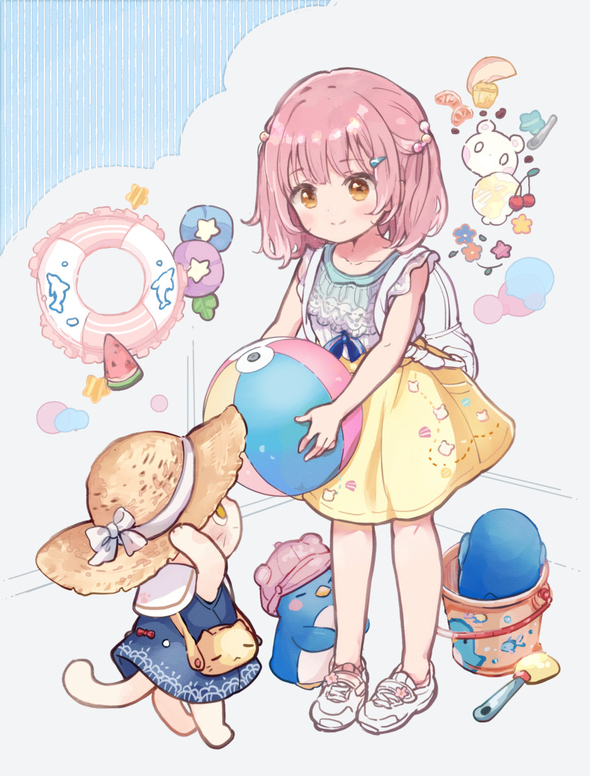 1girl animal_bag backpack bag ball beachball beans bear bird blouse blue_background blue_dress blue_flower blue_ribbon bow bucket cat cat_bag cherry child collarbone dolphin_print dot_nose dress flower food frilled_shirt frills fruit full_body hacosumi hair_bobbles hair_ornament hairclip hat highres holding holding_another&#039;s_leg holding_ball holding_beachball ice_cream indoors innertube light_blush mandarin_orange muffin multicolored_innertube orange_eyes orange_flower original peach penguin pink_flower pink_hair pink_innertube red_bow ribbon sailor_collar shirt shoes short_hair shovel skirt smile sneakers split_mouth spoon standing star_(symbol) straw_hat sun_hat swim_ring watermelon whiskers white_background white_bag white_bow white_innertube white_shirt white_shoes yellow_flower yellow_skirt