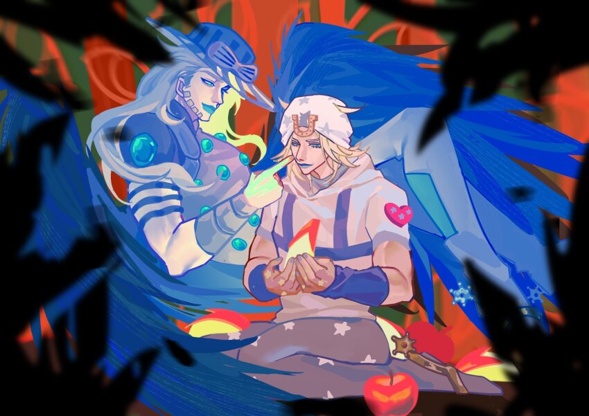 2boys apple aqua_lips beanie beard bird_wings blonde_hair blue_eyes blue_hat blue_wings commentary english_commentary facial_hair feathers food fruit goggles goggles_on_headwear grey_pants gyro_zeppeli hat heart_ornament highres hood hood_down hoodie horseshoe_hat_ornament horseshoe_ornament jiuyuejiuriyi johnny_joestar jojo_no_kimyou_na_bouken long_hair makeup male_focus medium_hair multiple_boys pants pointing pointing_at_another spurs star_(symbol) star_print steel_ball_run white_hat white_hoodie wings wristband yaoi