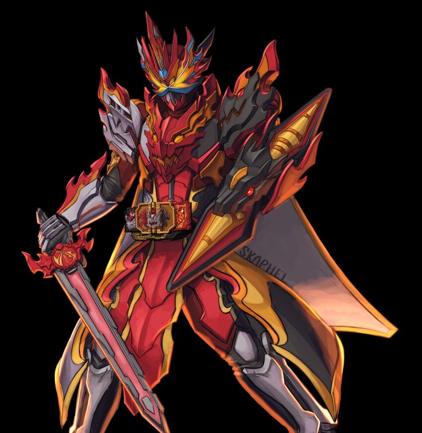 1boy armor black_armor black_background bone_armor brave_dragon elemental_dragon emotional_dragon fusion gloves glowing glowing_eyes helmet holding holding_sword holding_weapon horns kaenken_rekka kamen_rider kamen_rider_saber kamen_rider_saber_(series) kamen_rider_saber_primitive_dragon_brave_dragon knight male_focus shield shoulder_armor simple_background skaphel solo sword tokusatsu weapon white_armor wonder_ride_book