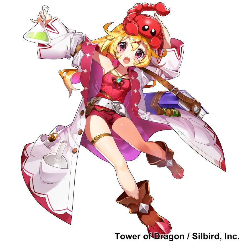 1girl :o absurdres animal animal_on_head bare_shoulders blonde_hair blush book boots brown_boots cloak copyright_name cork female_focus full_body gem hair_ornament hairclip hand_up highres holding long_hair long_sleeves masyu_yuyu neck_ribbon off_shoulder official_art on_head open_mouth oversized_clothes pink_hair pinky_out red_ribbon ribbon round_teeth scorpion short_shorts shorts simple_background solo standing standing_on_one_leg teeth thigh_strap tower_of_dragon vial watermark white_background white_cloak x_hair_ornament