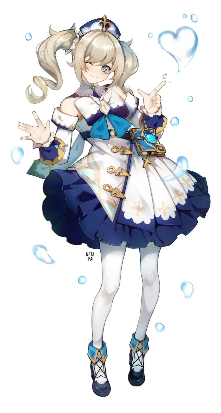 1girl artist_name barbara_(genshin_impact) blonde_hair blue_eyes book_holster bubble cross-laced_footwear detached_collar detached_sleeves dress frilled_dress frills full_body genshin_impact hands_up heart highres long_sleeves netapai1 one_eye_closed pantyhose shoes simple_background solo standing twintails vision_(genshin_impact) wavy_hair white_background white_pantyhose
