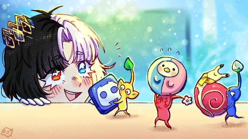 &gt;_&lt; 1girl :d black_hair blue_eyes blue_pikmin blush blush_stickers bud carrying closed_eyes closed_mouth commentary crown discord discord_logo english_commentary eyelashes flower flying_sweatdrops glint heterochromia highres indie_virtual_youtuber leaf lucinda_grey multicolored_hair nintendo notice_lines open_mouth pikmin_(creature) pikmin_(series) pointy_ears pointy_nose purple_hair red_eyes red_pikmin rin_penrose scarf skrunkly_(rin_penrose) smile snail snebby_(rin_penrose) split-color_hair teeth two-tone_hair upper_teeth_only virtual_youtuber white_flower yellow_pikmin yellow_scarf