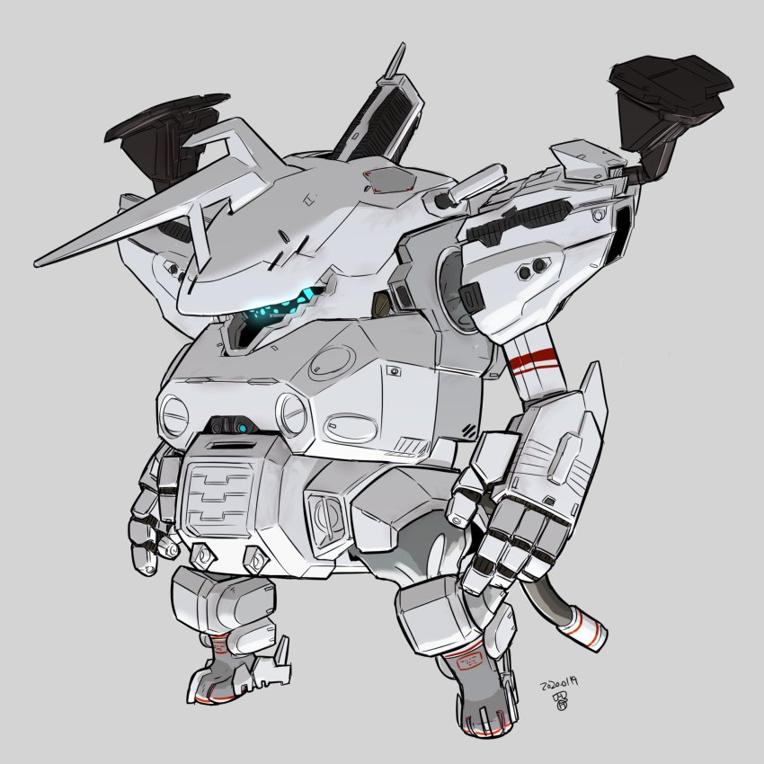 armored_core armored_core:_for_answer bad_id bad_twitter_id blue_eyes extra_eyes fusion grey_background highres horns jgsdf_type_07_tank_nacchin mecha moi_moi7 no_humans open_hands original robot science_fiction single_horn solo white_glint