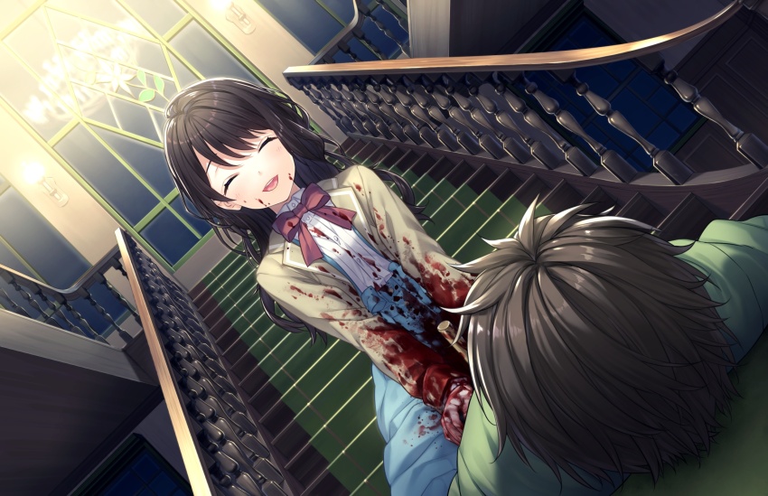 1boy 1girl black_hair bleeding blood blood_on_clothes brother_and_sister closed_eyes dress game_cg grey_hair half-siblings highres indoors injury japanese_clothes kaguyuzu kimono knife long_hair nie_no_hakoniwa non-web_source open_mouth rikugou_sanae rikugou_touta siblings smile stab stairs straddling