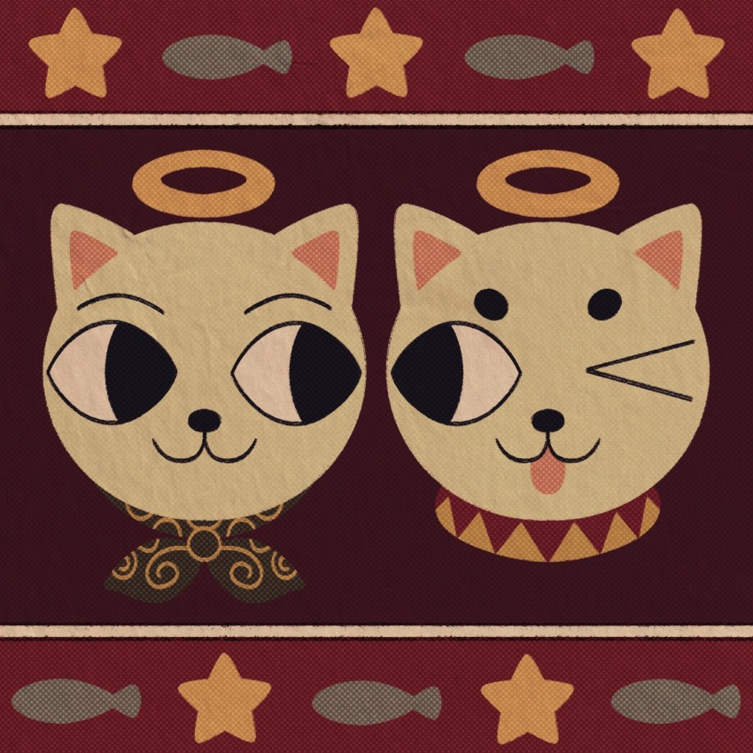 &gt;_o :3 animal_focus black_eyes cat cryptidhermit fish green_neckerchief halo head_only highres looking_at_another looking_to_the_side neck_ruff neckerchief nekojiru_(style) nekojiru_udon no_humans one_eye_closed siblings sideways_glance star_(symbol) straight-on thick_eyebrows tongue tongue_out traditional_halo white_cat