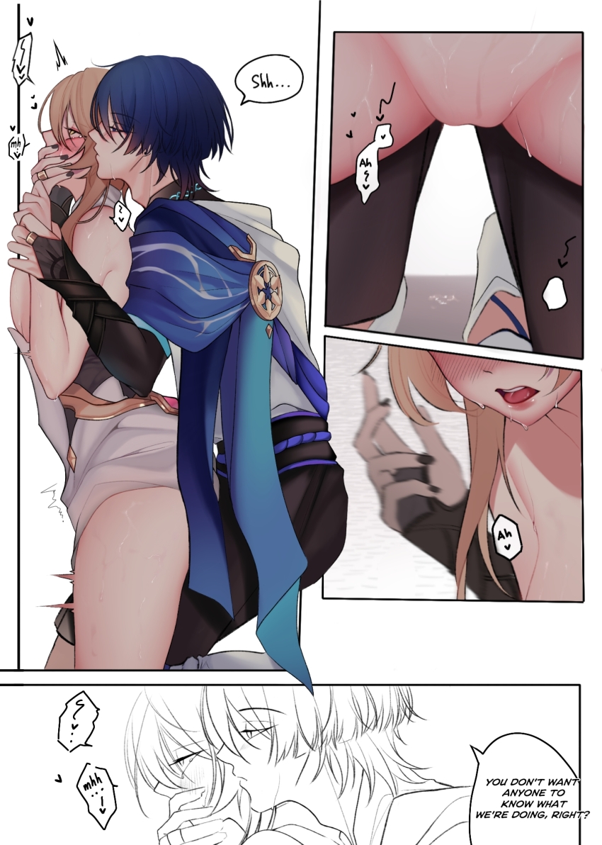1boy 1girl adam&#039;s_apple armor armpit_crease behind_another belt black_belt black_bridal_gauntlets black_nails black_shorts blonde_hair blue_cape blue_hair blue_sleeves blunt_ends blush bridal_gauntlets cape closed_mouth couple covering_another&#039;s_mouth dress earrings elpheltel genshin_impact gold_ring grabbing_from_behind half-closed_eyes hands_up hetero highres holding_another&#039;s_wrist japanese_armor japanese_clothes jewelry kimono kote kurokote layered_sleeves leg_between_thighs looking_at_another lumine_(genshin_impact) middle_ring moaning open_mouth pink_lips purple_rope purple_sash pussy rolling_eyes rope sash scaramouche_(genshin_impact) scarf short_hair short_hair_with_long_locks shorts sidelocks straddling sweat teeth thigh_straddling tongue tsurime twitching upper_teeth_only wanderer_(genshin_impact) white_dress white_kimono white_scarf white_sleeves white_trim yellow_eyes