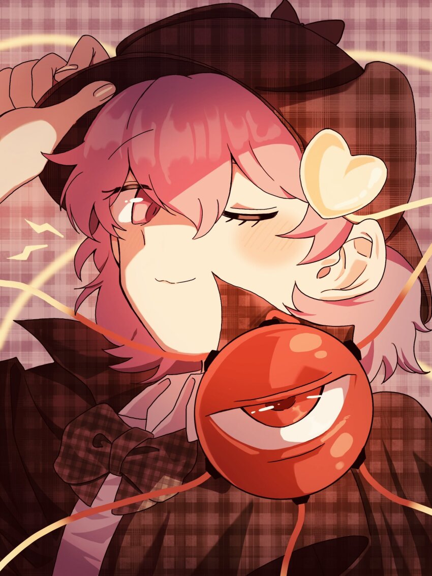 1girl beret blush bow bowtie brown_bow brown_bowtie brown_cape brown_hat cape closed_mouth collared_shirt commentary_request fingernails foul_detective_satori hair_ornament half-closed_eye hand_on_headwear hand_up hat heart heart_hair_ornament highres komeiji_satori lightning_bolt_symbol long_hair looking_at_viewer official_alternate_costume one_eye_closed pink_eyes pink_hair pink_shirt plaid_background plaid_bow plaid_bowtie plaid_cape plaid_clothes plaid_hat purple_background red_eyes shirt short_hair smile solo third_eye touhou turtle-kun upper_body very_long_hair visor_cap