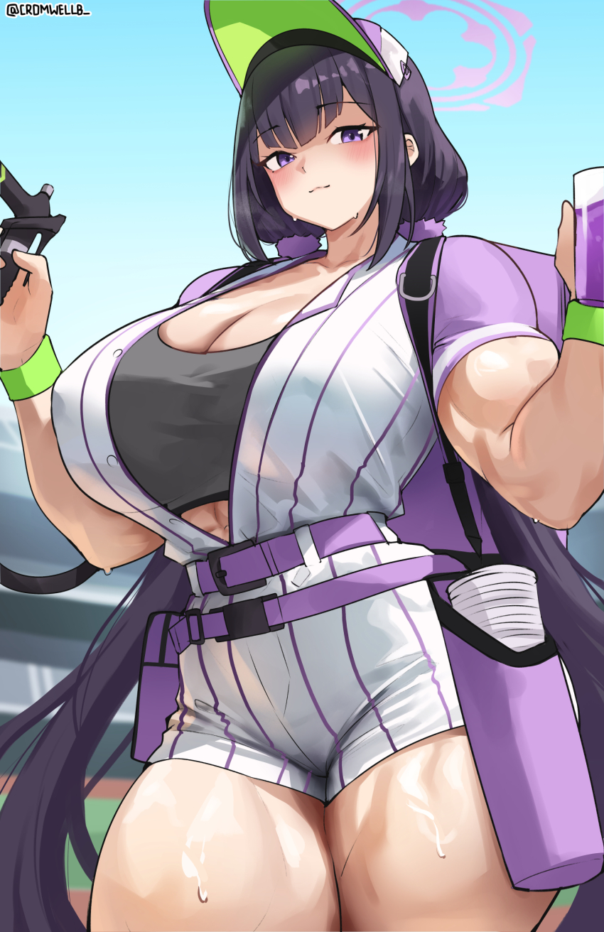 1girl abs_peek artist_name backpack bag baseball_cap baseball_jersey belt black_hair black_sports_bra blue_archive blue_sky breasts cleavage commentary commission cowboy_shot cromwellb cup cup_holder cup_stack curvy english_commentary hair_ornament hair_scrunchie halo hands_up hat highres holding holding_cup jersey large_breasts light_blush long_hair looking_at_viewer low_twintails muscular muscular_female nozzle official_alternate_costume official_alternate_hairstyle outdoors pixiv_commission purple_belt purple_eyes purple_halo purple_scrunchie scrunchie shirt short_sleeves shorts sky solo sports_bra striped_clothes striped_shirt striped_shorts sumire_(blue_archive) sumire_(part-time)_(blue_archive) sweat thick_thighs thighs twintails twitter_username vertical-striped_clothes vertical-striped_shirt vertical-striped_shorts very_long_hair white_jersey white_shirt