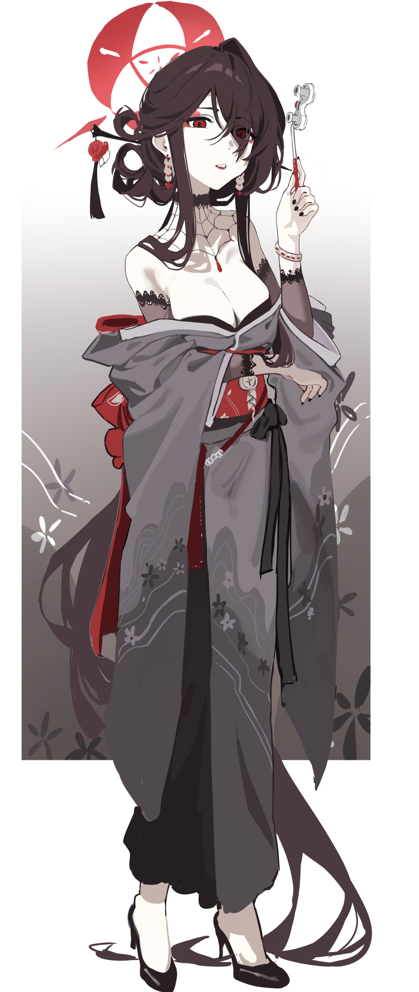 1girl absurdres black_hair black_nails black_shoes blue_archive breasts cleavage fingernails full_body grey_kimono gubbi_on hair_ornament hair_stick halo high_heels highres holding japanese_clothes kimono kokuriko_(blue_archive) large_breasts lipstick long_sleeves looking_at_viewer makeup medium_hair nail_polish obi open_mouth opera_glasses pale_skin pumps red_eyes red_halo sash shoes solo wide_sleeves