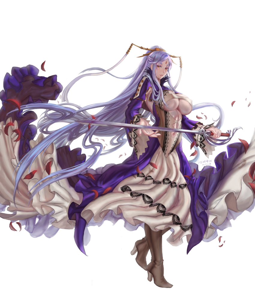 1girl black_boots boots breasts cleavage clothing_cutout dated dress edenfox feather_trim female_focus forehead_jewel headdress high_collar high_heel_boots high_heels highres holding holding_sword holding_weapon large_breasts lips long_hair navel navel_cutout original parted_lips petals purple_hair signature solo sword underboob vampire very_long_hair weapon white_background yellow_eyes