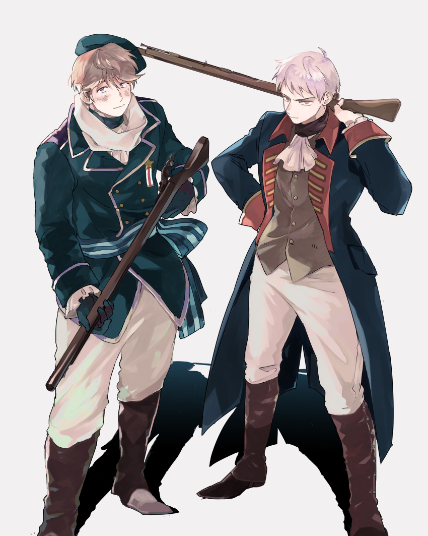 2boys absurdres aqua_gloves aqua_hat aqua_jacket arm_up ascot axis_powers_hetalia belt beret blue_belt blue_coat blush boots brown_boots brown_hair brown_vest buttons closed_mouth coat commentary_request full_body gloves goro_nyanko grey_hair gun hair_between_eyes hand_on_own_hip hat highres holding holding_gun holding_weapon jacket lapels long_sleeves looking_at_viewer male_focus military_jacket military_uniform multiple_boys open_clothes open_coat pants pocket prussia_(hetalia) purple_eyes red_eyes russia_(hetalia) shadow short_hair simple_background smile standing star_(symbol) striped_belt v-shaped_eyebrows vest weapon white_ascot white_background white_pants