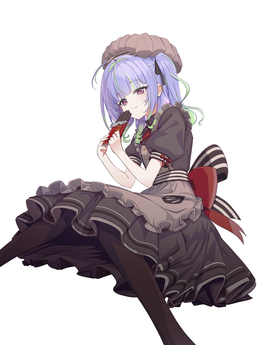 1girl absurdres ahoge alternate_costume apron back_bow black_pantyhose blue_hair bow candy chocolate chocolate_bar closed_mouth dress feet_out_of_frame food frilled_apron frilled_dress frills green_hair grey_apron grey_dress grey_hat hat highres looking_at_viewer medium_hair mob_cap mole mole_under_eye multicolored_hair nanashi_inc. ougimaneki pantyhose pink_eyes puffy_short_sleeves puffy_sleeves red_bow short_sleeves simple_background smile solo suzumi_nemo transparent_background two-tone_hair two_side_up variant_set virtual_youtuber