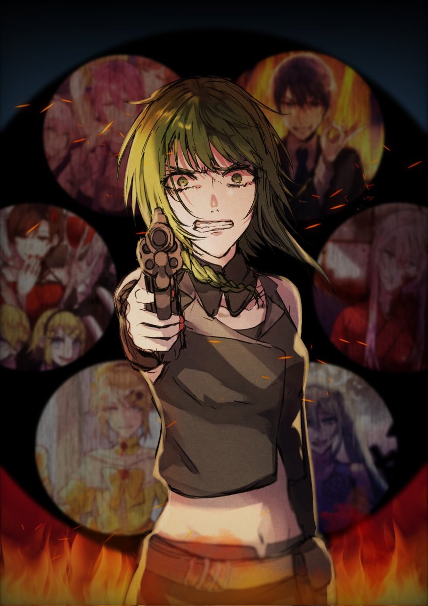 1girl aiming aiming_at_viewer angry bare_shoulders clenched_teeth constricted_pupils detached_collar embers evillious_nendaiki fire frown furious glaring green_eyes green_hair grey_jacket gumi gun handgun highres holding holding_gun holding_weapon holster jacket midriff nail_polish navel nemesis_no_juukou_(vocaloid) nemesis_sudou pointing pointing_at_viewer red_nails revolver side_ponytail sleeveless sleeveless_jacket solo_focus teeth vocaloid warabi_(danngo-mitarasi) weapon