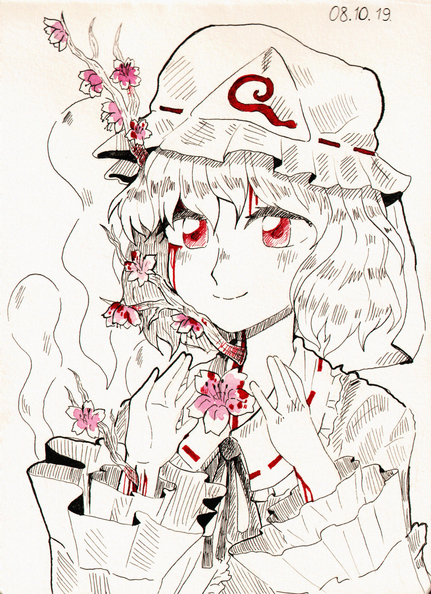 1girl 2019 absurdres blood blood_on_face blood_on_neck bloody_tears closed_mouth commentary dated dungeon_toaster english_commentary hat highres hitodama inktober japanese_clothes light_smile long_sleeves medium_hair mob_cap neck_ribbon red_eyes ribbon saigyouji_yuyuko solo spot_color suicide touhou traditional_media triangular_headpiece wide_sleeves