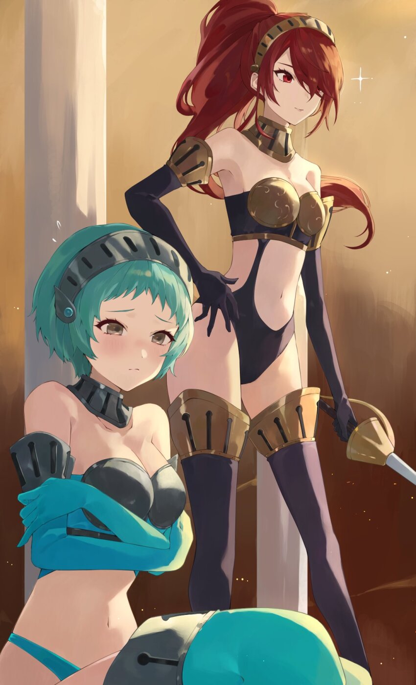 2girls alternate_costume armor bikini_armor black_thighhighs blush breasts choker cleavage crossed_arms elbow_gloves gloves green_hair green_thighhighs hair_over_one_eye hand_on_own_hip high-cut_armor_(persona) highres kirijou_mitsuru konchi_(63438789) large_breasts multiple_girls nervous persona persona_3 red_eyes red_hair short_hair sitting thighhighs yamagishi_fuuka