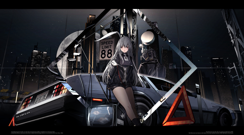 1girl absurdres album_cover animal_ears back_to_the_future black_jacket black_shorts black_sky black_socks black_sweater building car commentary_request cover crossover delorean english_text full_moon grey_hair haguruma_c highres holding jacket lanyard letterboxed long_hair looking_at_viewer moon motor_vehicle night night_sky off_shoulder open_clothes open_jacket open_mouth original rabbit_ears red_eyes ribbed_sweater scenery security_camera short_shorts shorts sky socks solo standing sweater television time_machine turtleneck vehicle_focus