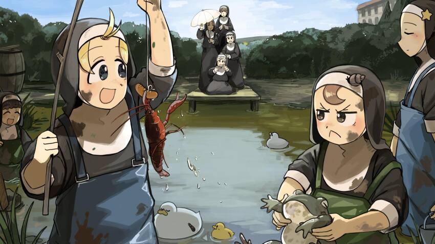 6+girls :&lt; :d barrel bird black_hair blonde_hair blue_eyes blue_overalls brown_eyes brown_hair bush chicken closed_eyes clumsy_nun_(diva) commentary curly_hair dirty dirty_clothes dirty_face diva_(hyxpk) duck duckling english_commentary fishing_rod frog froggy_nun_(diva) green_overalls grey_hair highres holding_frog little_nuns_(diva) multiple_girls nun open_mouth overalls pond smile star_nun_(diva) star_ornament traditional_nun umbrella white_umbrella
