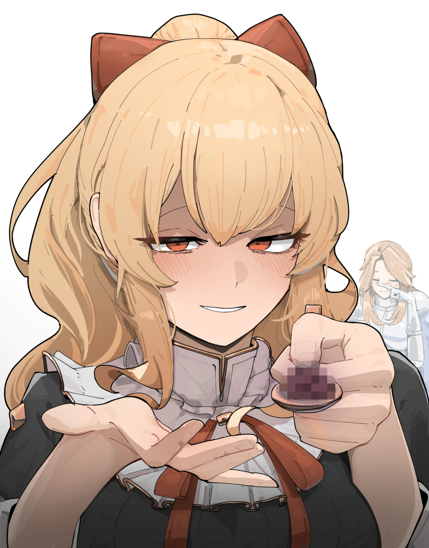 2girls absurdres azz0422 blonde_hair bow brown_hair censored censored_food closed_eyes closed_mouth commentary covering_nose english_commentary feeding fingernails food granblue_fantasy hair_bow highres incoming_food katalina_(granblue_fantasy) looking_at_viewer mosaic_censoring multiple_girls reaching reaching_towards_viewer red_bow red_eyes simple_background smile vira_(granblue_fantasy) white_background