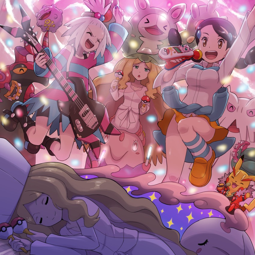 3girls :d abomasnow absurdres arm_up black_hair brown_eyes brown_hair caitlin_(pokemon) candice_(pokemon) chestnut_mouth clothed_pokemon clothes_around_waist cosplay_pikachu dreaming gen_1_pokemon gen_4_pokemon gen_5_pokemon glowstick guitar gym_leader hair_ornament hairclip highres holding holding_microphone instrument jacket jacket_around_waist jumping koffing long_hair maracas microphone multiple_girls munna music nintendo open_mouth pikachu pikachu_rock_star pink_eyes playing_instrument pokemoa pokemon pokemon_(creature) pokemon_bw pokemon_bw2 pokemon_dppt reuniclus roxie_(pokemon) scolipede shirt shoes sleeping smile socks striped_clothes striped_legwear striped_shirt striped_socks tambourine twintails white_hair white_headwear yellow_eyes
