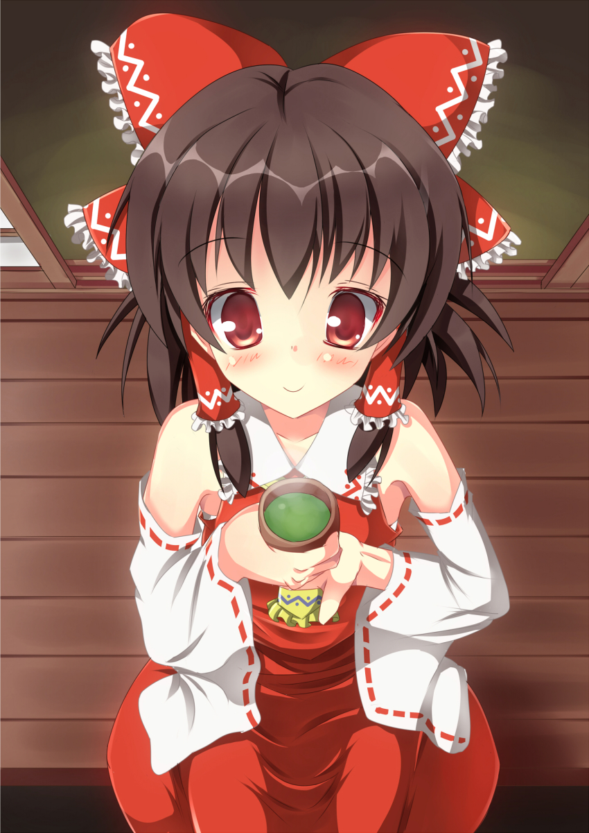 1girl ascot blush bow brown_eyes brown_hair closed_mouth collar collared_shirt commentary_request cookie_(touhou) cup detached_sleeves dress feet_out_of_frame frilled_bow frilled_collar frills from_above green_tea hair_bow hakurei_reimu highres holding holding_cup looking_down medium_hair porch red_bow red_dress reu_(cookie) ribbon-trimmed_sleeves ribbon_trim shirt shouji sitting sleeveless sleeveless_dress sliding_doors smile solo szk tea touhou white_sleeves wooden_floor yellow_ascot yunomi