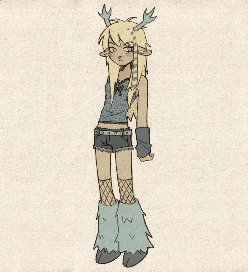 1girl absurdres aged_down animal_ears antlers bare_shoulders blonde_hair blue_arm_warmers blue_bow blue_eyes blue_leg_warmers blue_shirt blue_shorts blue_streaks bow breasts carol_holiday commentary deer_ears deltarune denim denim_shorts english_commentary fishnet_socks fishnets full_body furry furry_female highres hooves horns leg_warmers long_hair multicolored_hair reindeer_antlers reindeer_girl shirt shorts small_breasts socks solo streaked_hair szivarvanyturmix02 two-tone_hair utdr_(toby_fox)