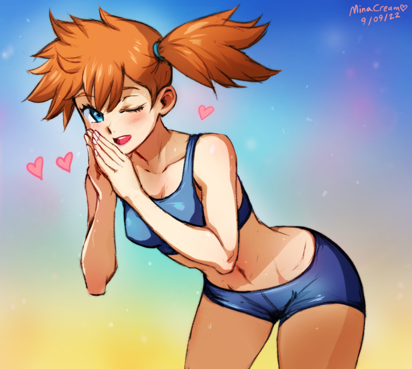 1girl armpits asymmetrical_hair bent_over bikini blue_bikini blue_eyes blush breasts eyelashes female_focus gen_1_pokemon gym_leader hair_tie heart highres legs medium_breasts midriff mina_cream misty_(pokemon) navel nintendo one_eye_closed orange_hair pokemon pokemon_frlg ponytail side_ponytail solo spread_legs swimsuit thighs wide_hips