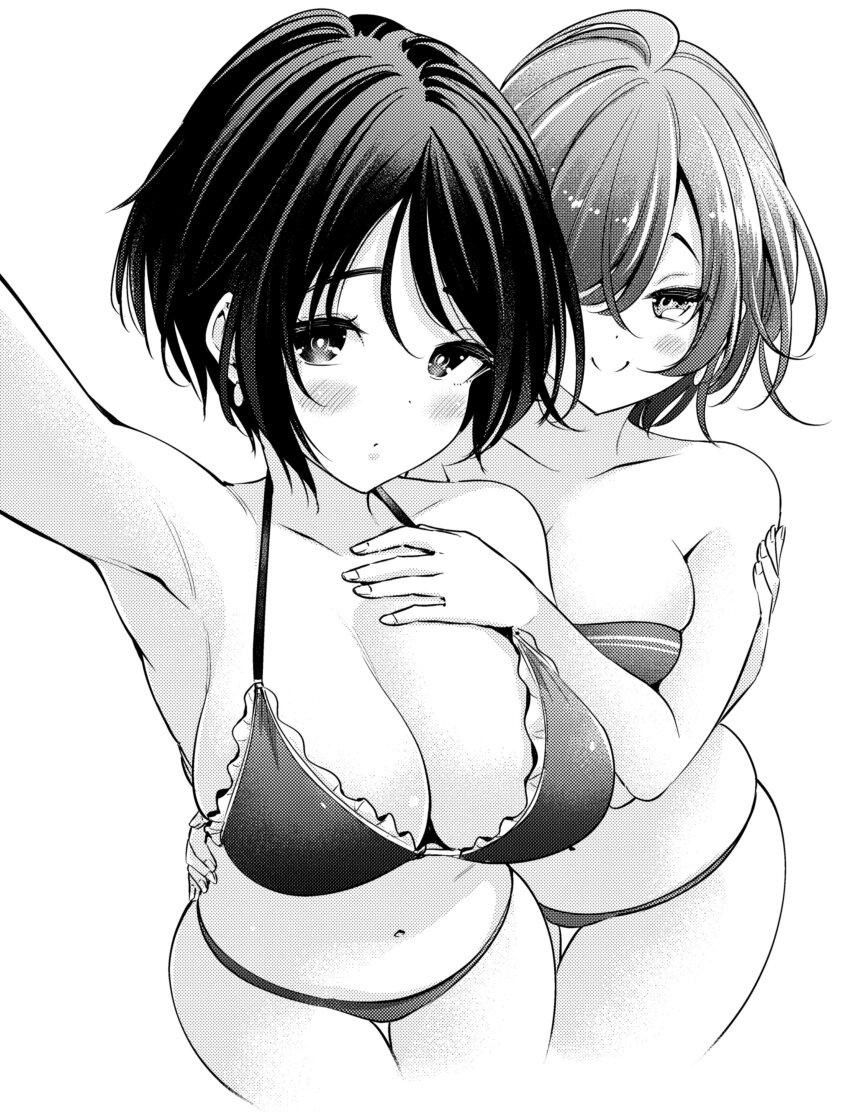2girls absurdres armpit_crease armpits bad_tag bikini blush breasts closed_mouth collarbone dithering dot_mouth dot_nose frilled_bikini frills greyscale hair_over_one_eye hand_on_another&#039;s_arm hand_on_another&#039;s_chest hand_on_another&#039;s_hip highres hinoharaf_(14310486) large_breasts long_bangs looking_at_viewer medium_breasts monochrome multiple_girls navel original parted_bangs short_hair skindentation smile split_mouth stomach swimsuit thigh_gap very_short_hair yuri