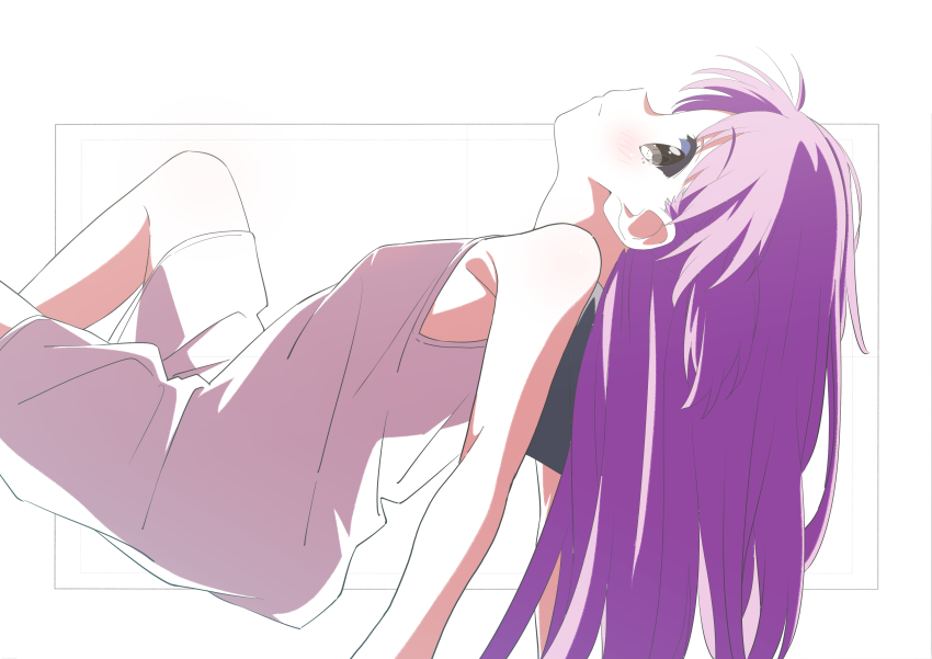 1girl absurdres bare_shoulders dress flat_chest grey_eyes hat highres katou_umi long_hair looking_at_viewer papiyon1297 profile purple_hair see-through_silhouette sideways_glance sitting smile solo summer_pockets