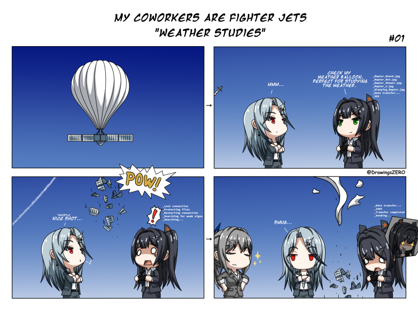 2023_china_balloon_incident 3girls aircraft airplane airplane_hair_ornament balloon black_hair black_suit chengdu_j-20 comic commentary english_commentary english_text f-22_raptor fighter_jet formal_clothes green_eyes grey_suit hair_ornament highres long_hair military military_vehicle missile multiple_girls original personification ponytail red_eyes smile su-57 suit two_side_up zero_(73ro)
