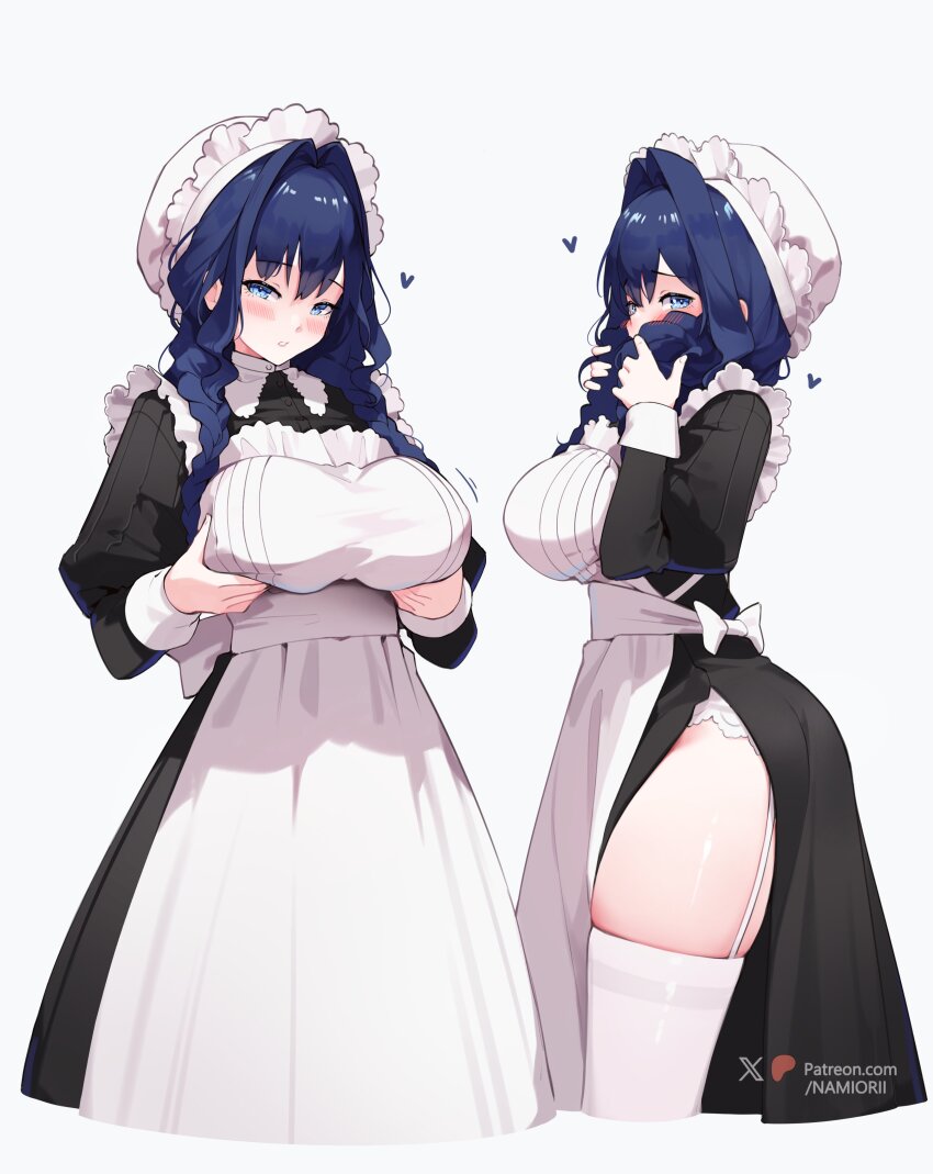 1girl absurdres apron black_dress breast_lift breasts dress highres hololive hololive_english large_breasts long_dress maid motion_lines namiorii ouro_kronii patreon_logo purple_hair solo virtual_youtuber white_apron