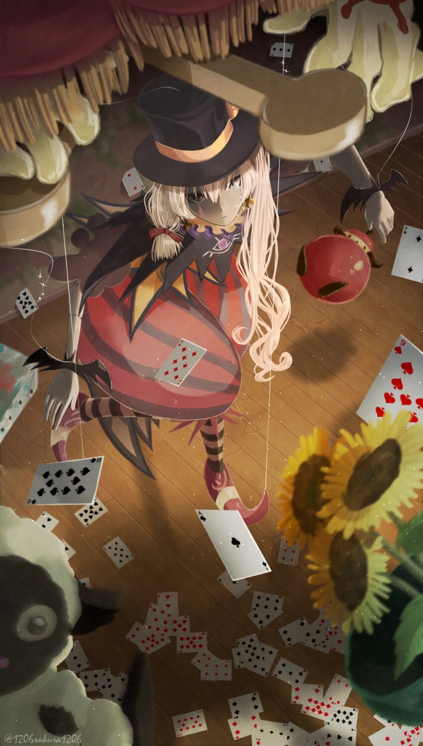 1girl ace_(playing_card) ace_of_clubs animal artist_name asymmetrical_hair bat_ornament black_hat card closed_mouth club_(shape) commentary_request control_bar curtains diamond_(shape) dolce_(rune_factory) doll_joints dress expressionless floating flower fringe_trim from_above full_body fusion grey_eyes hair_half_undone hat heart highres joints leg_up looking_at_viewer marionetta_(rune_factory) marionette medium_dress mokomoko_(rune_factory) pantyhose partially_shaded_face pink_hair playing_card pointy_footwear pomme_pomme_(rune_factory) puppet puppet_strings red_dress red_shoes rune_factory rune_factory_4 sakura_tecco shadow sheep shoes solo spade_(shape) stage_curtains standing standing_on_one_leg striped_clothes striped_pantyhose sunflower tears top_hat twitter_username wooden_floor
