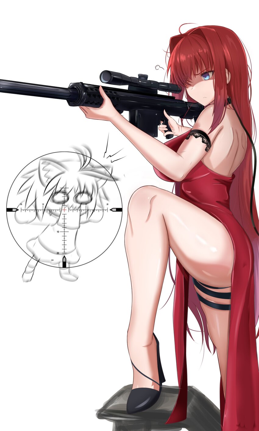 &lt;|&gt;_&lt;|&gt; 1girl absurdres ada_wong ada_wong_(cosplay) aiming animal_ears aozaki_aoko ass black_keys_(type-moon) blonde_hair blue_eyes breasts cat_ears cat_girl cat_tail chibi cleavage company_connection cosplay crossover dress glowing glowing_hair gun hair_intakes handgun highres large_breasts legs long_hair looking_through_scope mahou_tsukai_no_yoru neco-arc neco_spirit purple_skirt red_dress red_hair resident_evil resident_evil_4 rifle shokobr skirt sniper_rifle solo sweater tail thick_thighs thighhighs thighs tsukihime weapon white_sweater