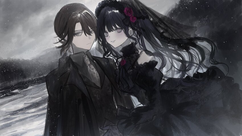akai_ringo_(eveyuno) black_dress black_gloves black_hair black_headdress blood breasts choker dress gloves goth_fashion highres indoors lolita_fashion long_sleeves looking_at_viewer non-web_source original solo window