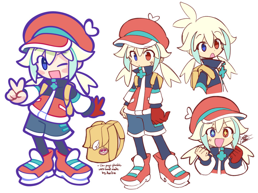 +_+ 1girl amitie_(puyopuyo) antenna_hair aqua_flower aqua_hat aqua_jacket aqua_shoes asymmetrical_arms backpack bag bag_charm black_footwear black_pantyhose blonde_hair blue_eyes blue_hair brown_bag cabbie_hat character_charm charm_(object) chibi deformed double-parted_bangs english_text flower flower_brooch fusion grey_shorts hair_between_eyes hair_flaps hat heterochromia highres if_they_mated jacket leslietheluna long_hair multicolored_footwear multicolored_hair multicolored_hat multicolored_jacket multiple_views oversized_limbs pantyhose pantyhose_under_shorts puyo_(puyopuyo) puyopuyo red_eyes red_footwear red_hat red_jacket shoes shorts sidelocks sig_(puyopuyo) signature simple_background streaked_hair twintails unworn_backpack unworn_bag v white_background white_footwear white_hat white_jacket