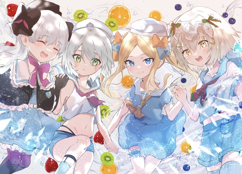 4girls abigail_williams_(fate) absurdres blonde_hair blue_eyes bow draw_happy_set dress fate/grand_order fate_(series) food fruit green_eyes hair_bow hat highres holding_hands jack_the_ripper_(fate/apocrypha) jeanne_d&#039;arc_alter_santa_lily_(fate) kiwi_(fruit) kiwi_slice looking_at_viewer multiple_girls necktie nursery_rhyme_(fate) open_mouth orange_(fruit) ribbon school_uniform serafuku strawberry white_hair yellow_eyes