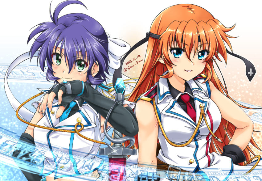 black_gloves black_headband black_shirt blue_eyes blue_hair breasts closed_mouth collared_shirt dated elbow_gloves fingerless_gloves gloves green_eyes grin hair_between_eyes hand_on_own_hip headband jacket long_hair looking_at_viewer lyrical_nanoha mahou_shoujo_lyrical_nanoha_strikers medium_breasts necktie orange_hair red_necktie san-pon shirt short_hair signature sleeveless sleeveless_jacket smile subaru_nakajima teana_lanster upper_body white_background white_jacket wing_collar