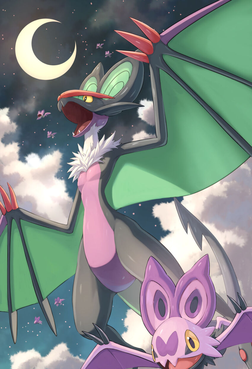 animal_focus bat_(animal) claws cloud colored_sclera crescent_moon dragon evolutionary_line fangs flying gen_6_pokemon highres karamimame moon night night_sky nintendo no_humans noibat noivern open_mouth pokemon pokemon_(creature) pokemon_focus skin_fangs sky star_(sky) wings wyvern yellow_eyes yellow_sclera