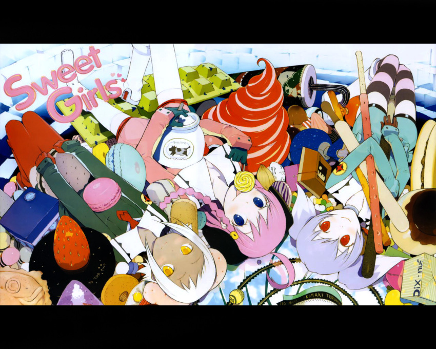00s 3girls ahoge blue_eyes blush braid chiko dark-skinned_female dark_skin dessert english_text food fruit lal&#039;c_mellk_mal letterboxed multiple_girls nono_(top_wo_nerae_2!) okama pink_hair pocky purple_hair red_eyes short_hair smile strawberry striped_clothes striped_legwear striped_thighhighs thighhighs top_wo_nerae!_(series) top_wo_nerae_2! twintails tycho_science white_hair yellow_eyes